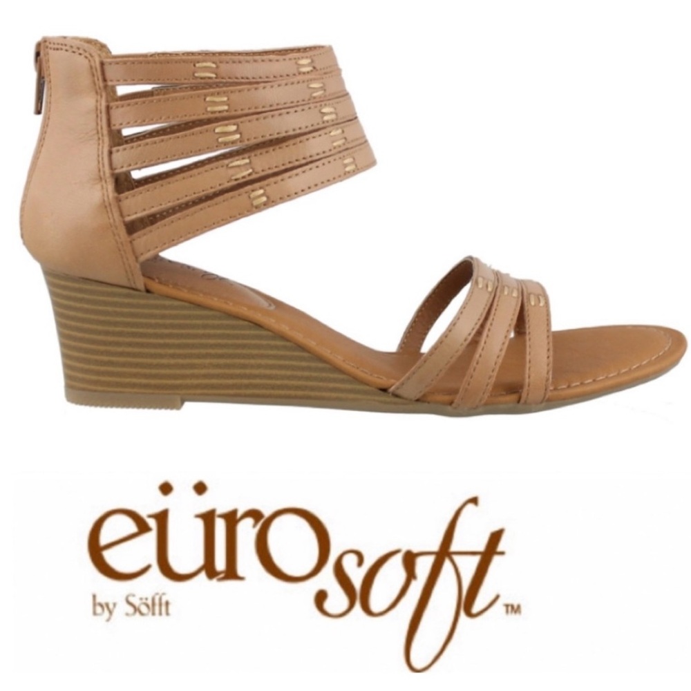 “Margo” Tan Strappy Leather Wedge Sandals  { EuroSoft } Size 9.5 M